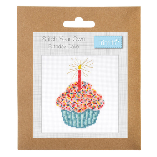 Trimits mini cross stitch kit showing a birthday cake