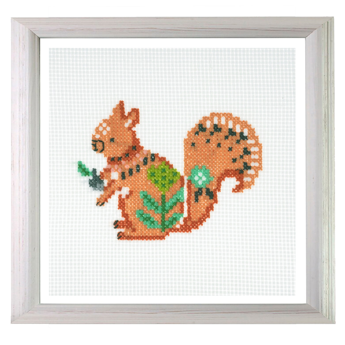 Trimits mini cross stitch kit showing a squirrel