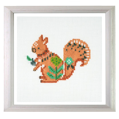 Trimits mini cross stitch kit showing a squirrel