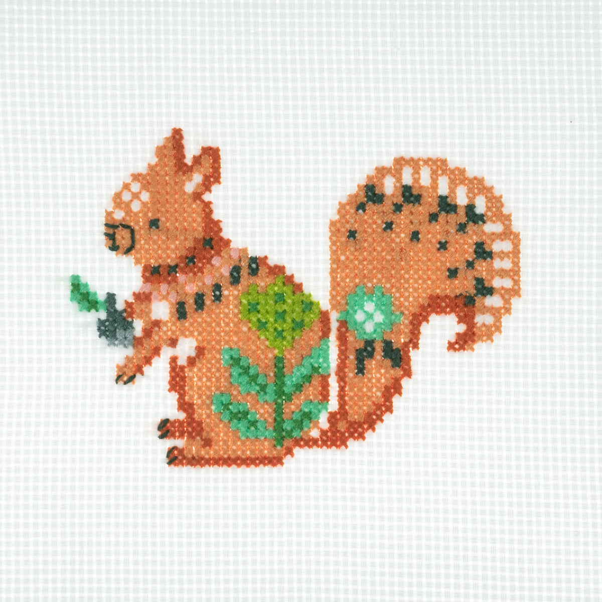 Trimits mini cross stitch kit showing a squirrel