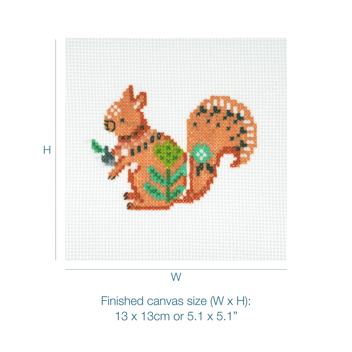 Trimits mini cross stitch kit showing a squirrel
