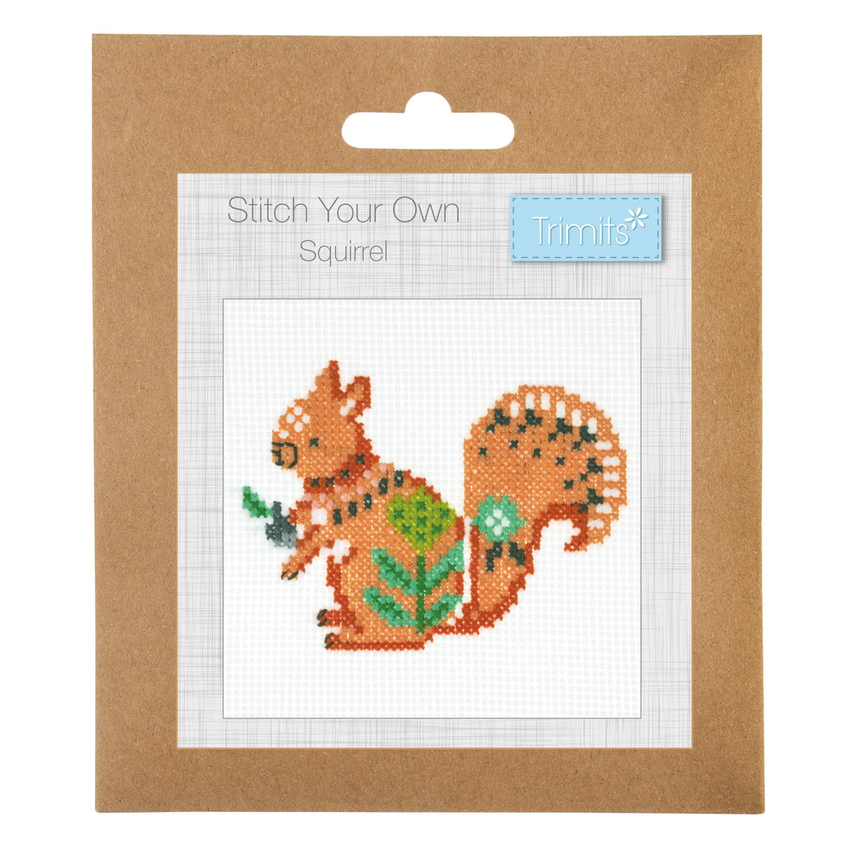 Trimits mini cross stitch kit showing a squirrel
