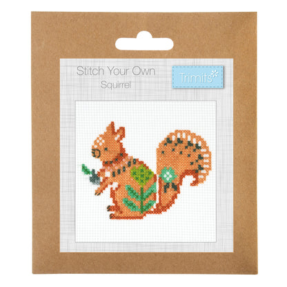Trimits mini cross stitch kit showing a squirrel
