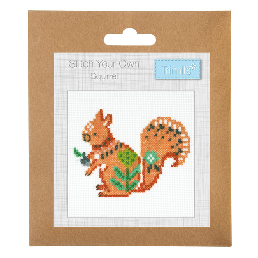 Trimits mini cross stitch kit showing a squirrel