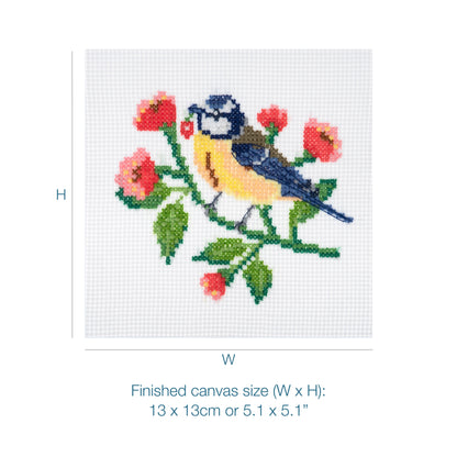 Trimits mini cross stitch kit showing a little bird