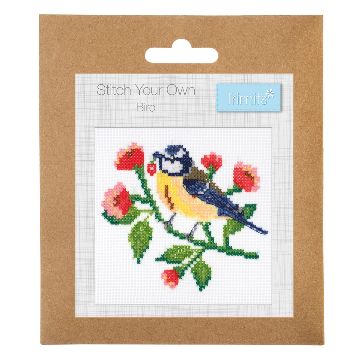 Trimits mini cross stitch kit showing a little bird