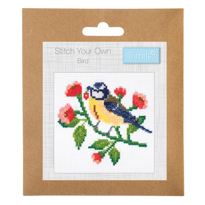 Trimits mini cross stitch kit showing a little bird