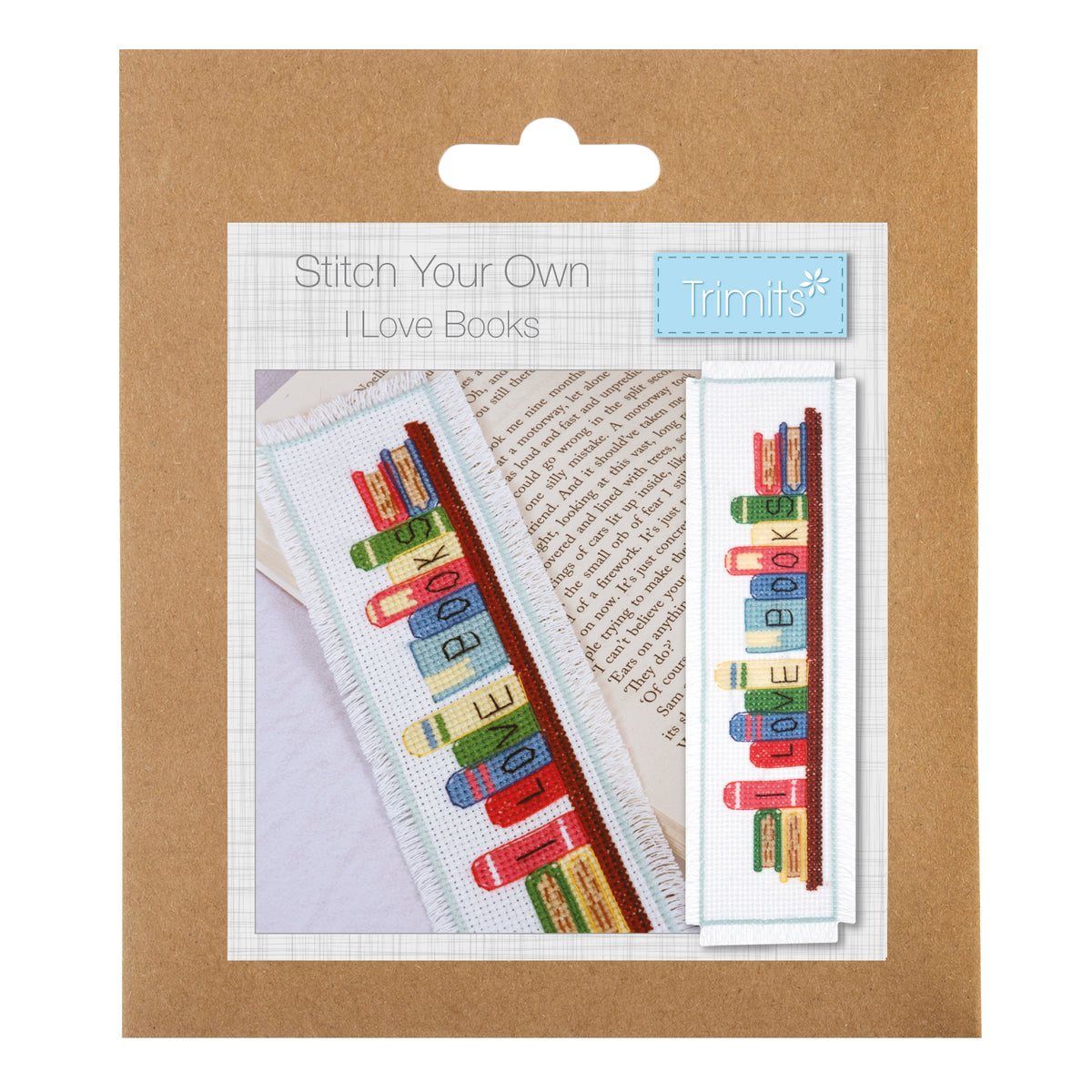Trimits cross stitch bookmark kit showing the words I Love Books