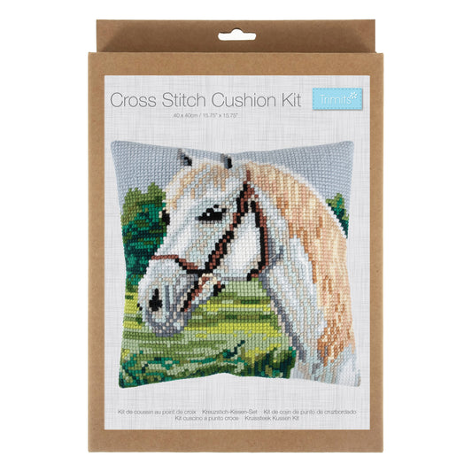 Finished cross stitch cushion with a white horse design