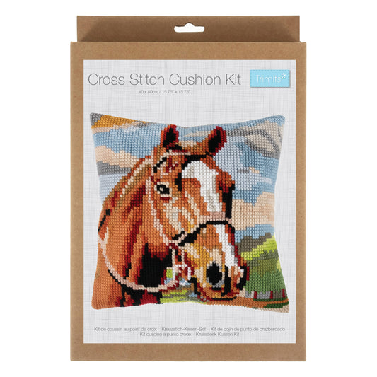 Finished cross stitch cushion with a brown horse design