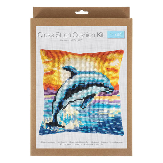 Finished cross stitch cushion with a dolphin design