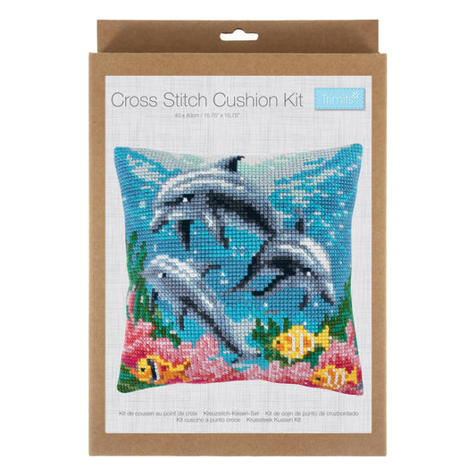 Finished cross stitch cushion with a pair of dolphins design