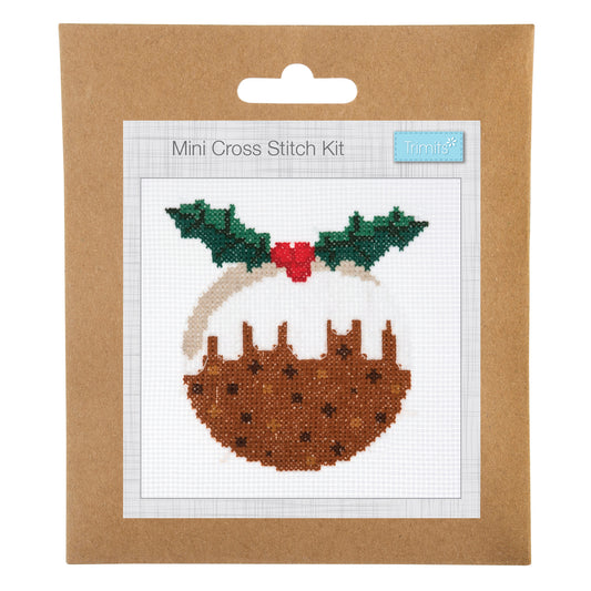 Trimits mini cross stitch kit showing a Christmas pudding