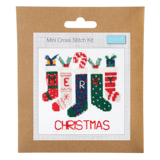 Trimits mini cross stitch kit showing Christmas stockings
