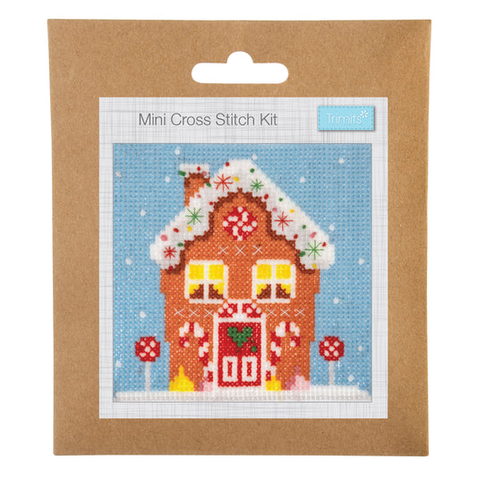 Trimits mini cross stitch kit showing a gingerbread house