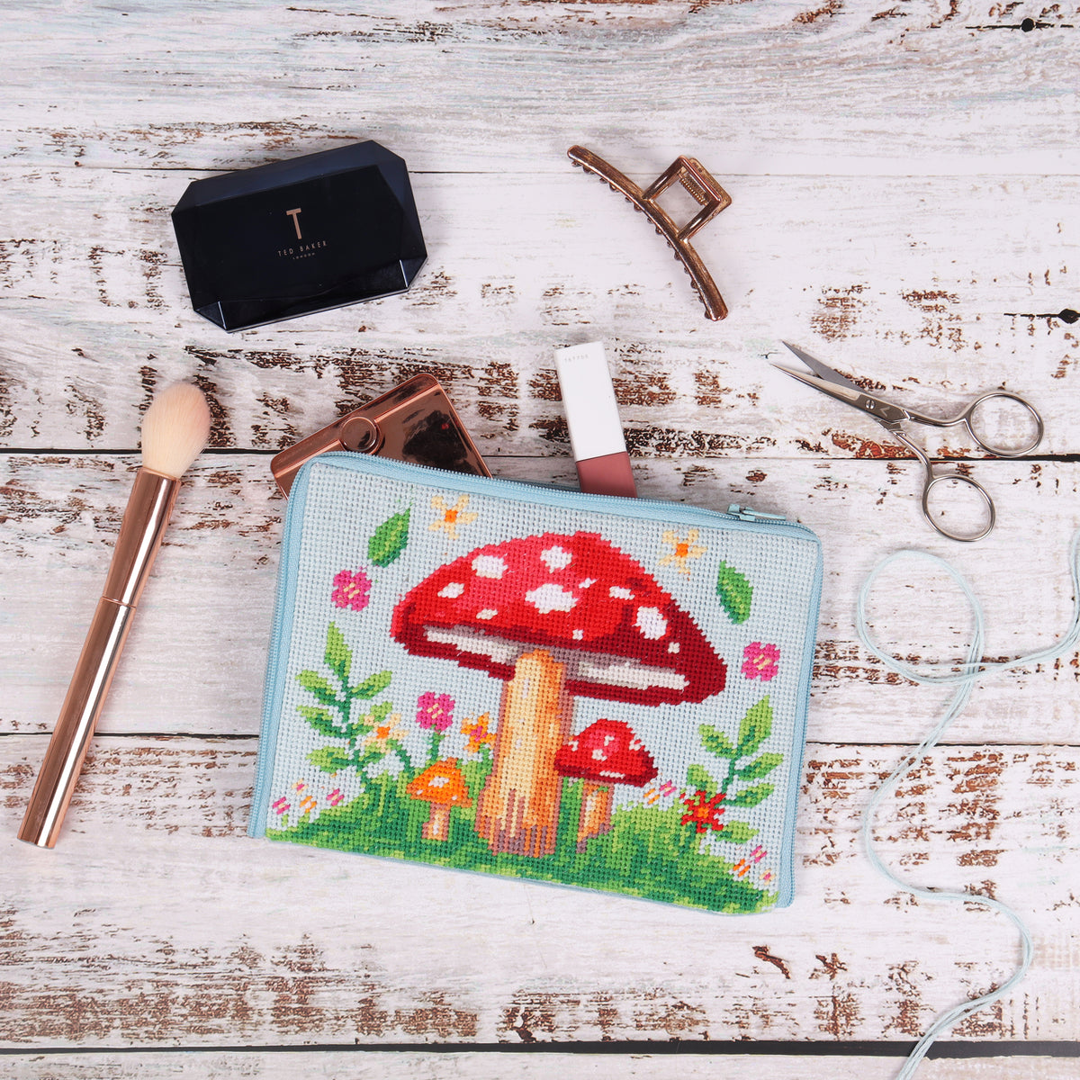 Finished toadstool half stitch make up pouch