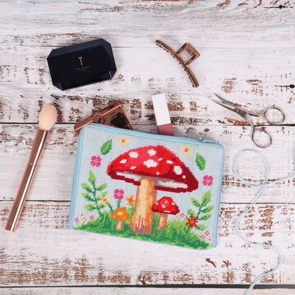 Finished toadstool half stitch make up pouch
