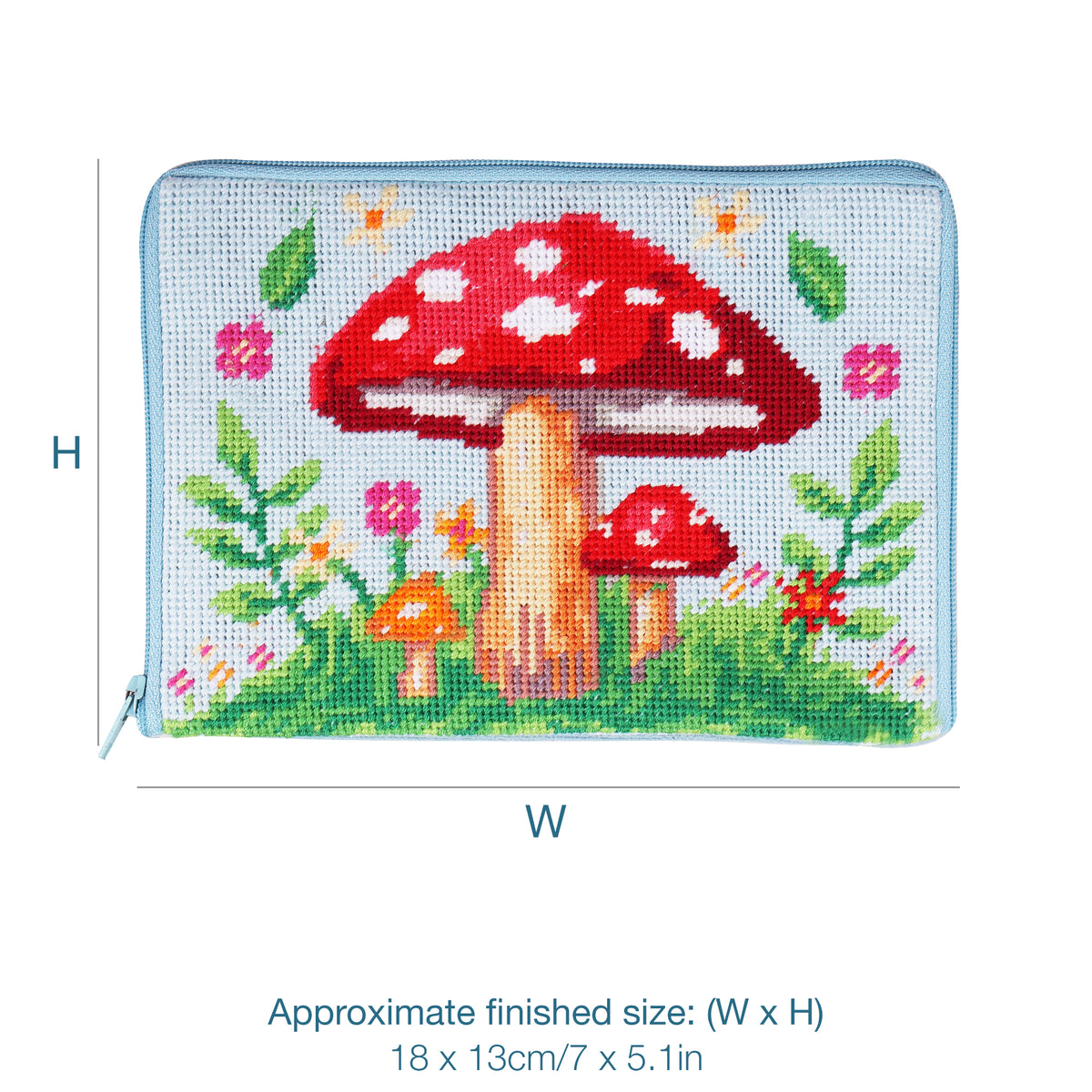 Finished toadstool half stitch make up pouch