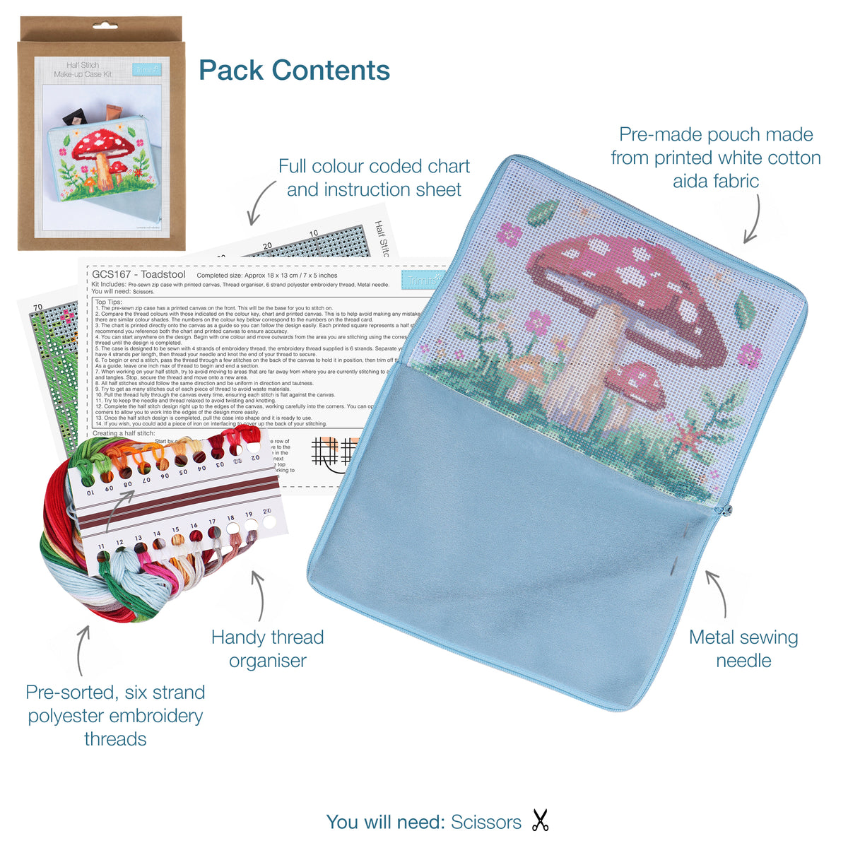 Finished toadstool half stitch make up pouch
