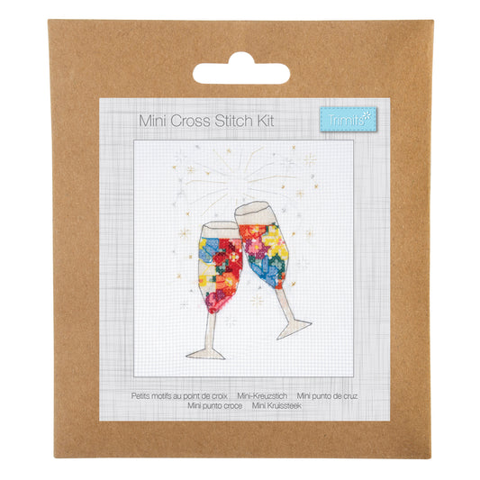 Trimits mini cross stitch kit showing a Cheers celebration design