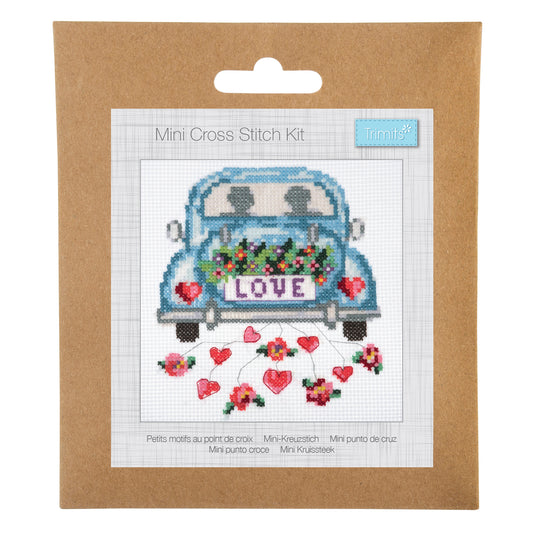 Trimits mini cross stitch kit showing a Love design