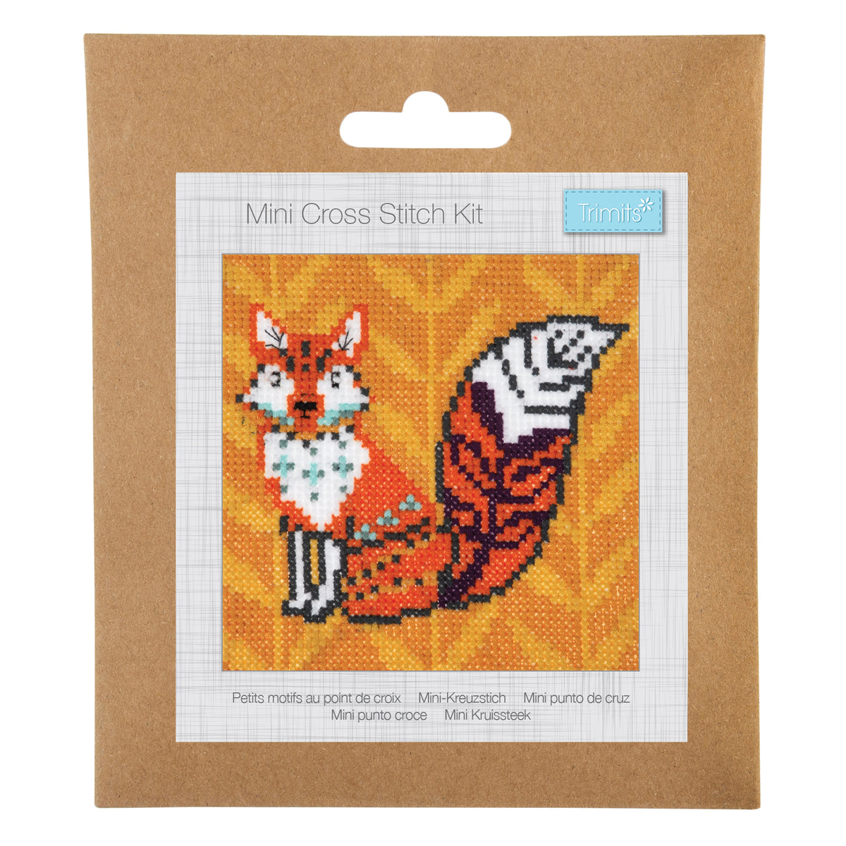 Trimits mini cross stitch kit showing a fox