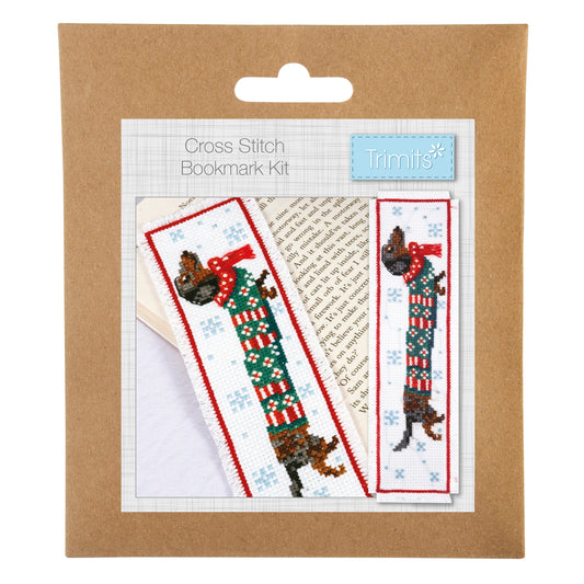 Trimits cross stitch bookmark kit showing a Silly Sausage design
