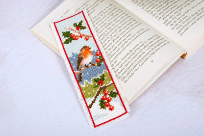 Trimits cross stitch bookmark kit showing a robin