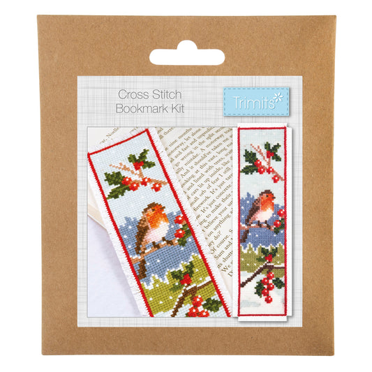 Trimits cross stitch bookmark kit showing a robin