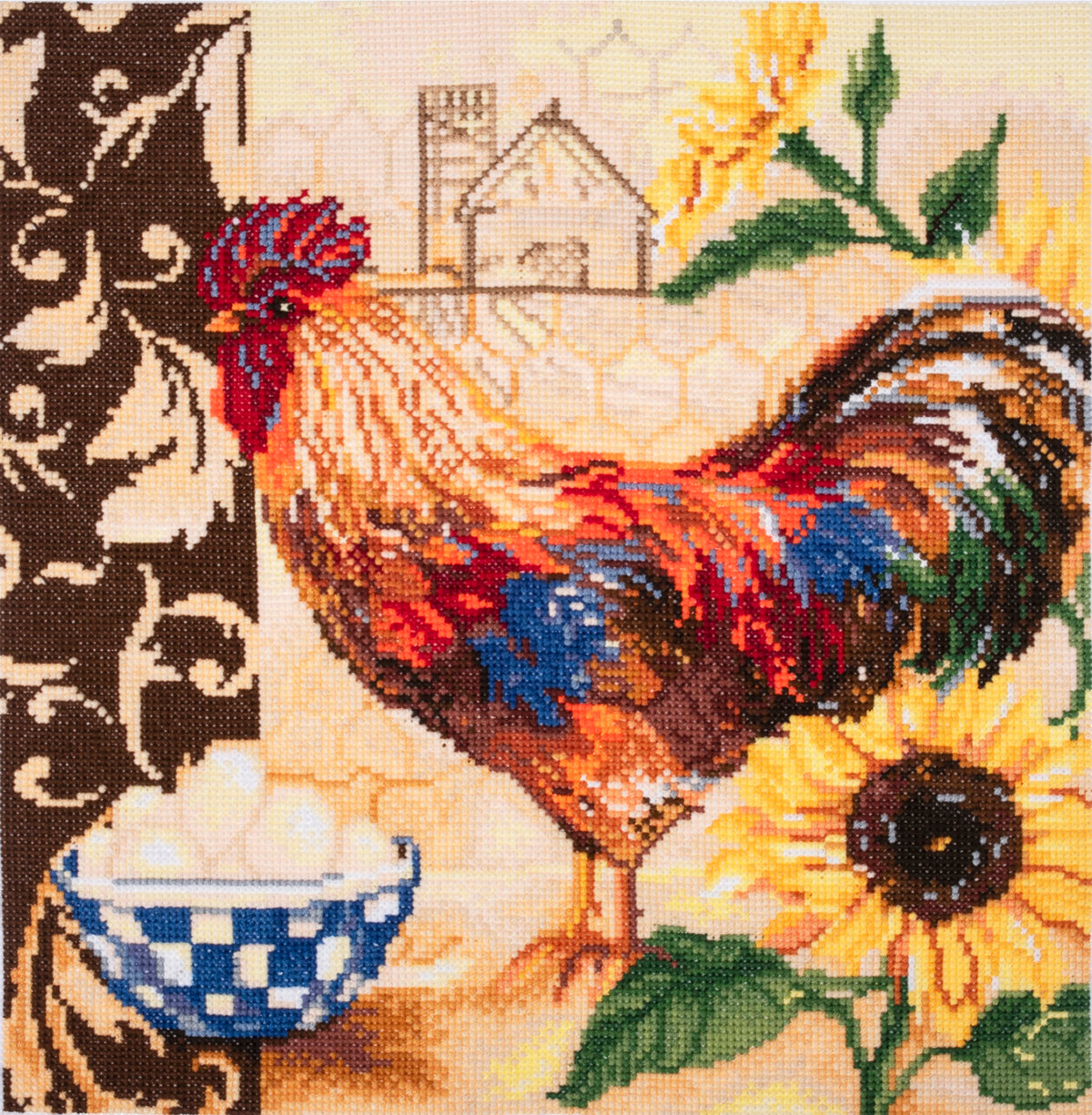 Finished country rooster counted cross stitch design