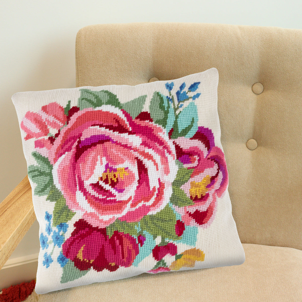 Finished spring bloom half stitch tapestry cushion