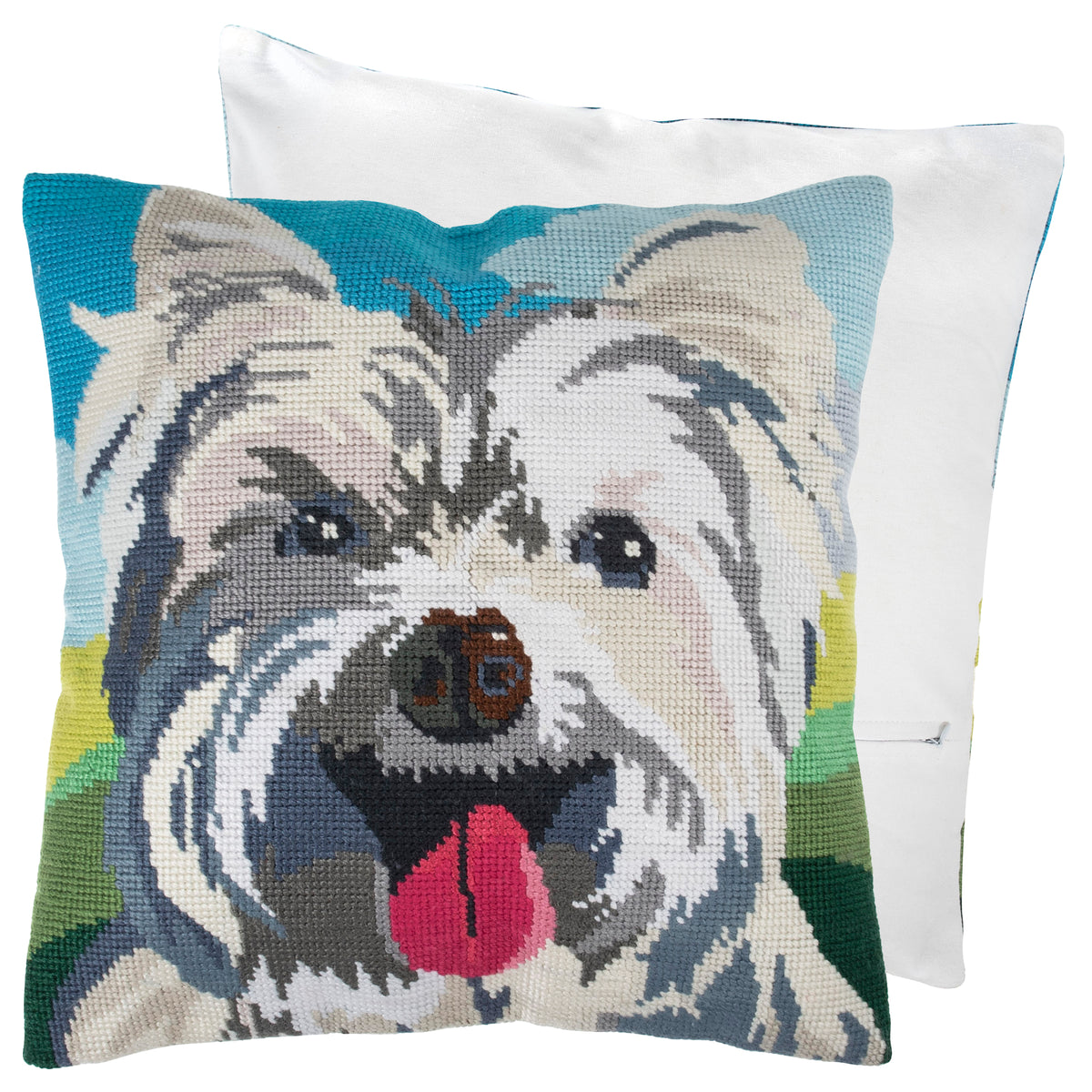 Finished westie half stitch tapestry cushion