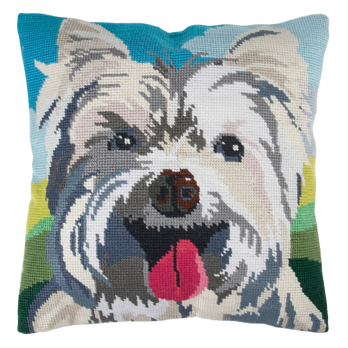 Finished westie half stitch tapestry cushion