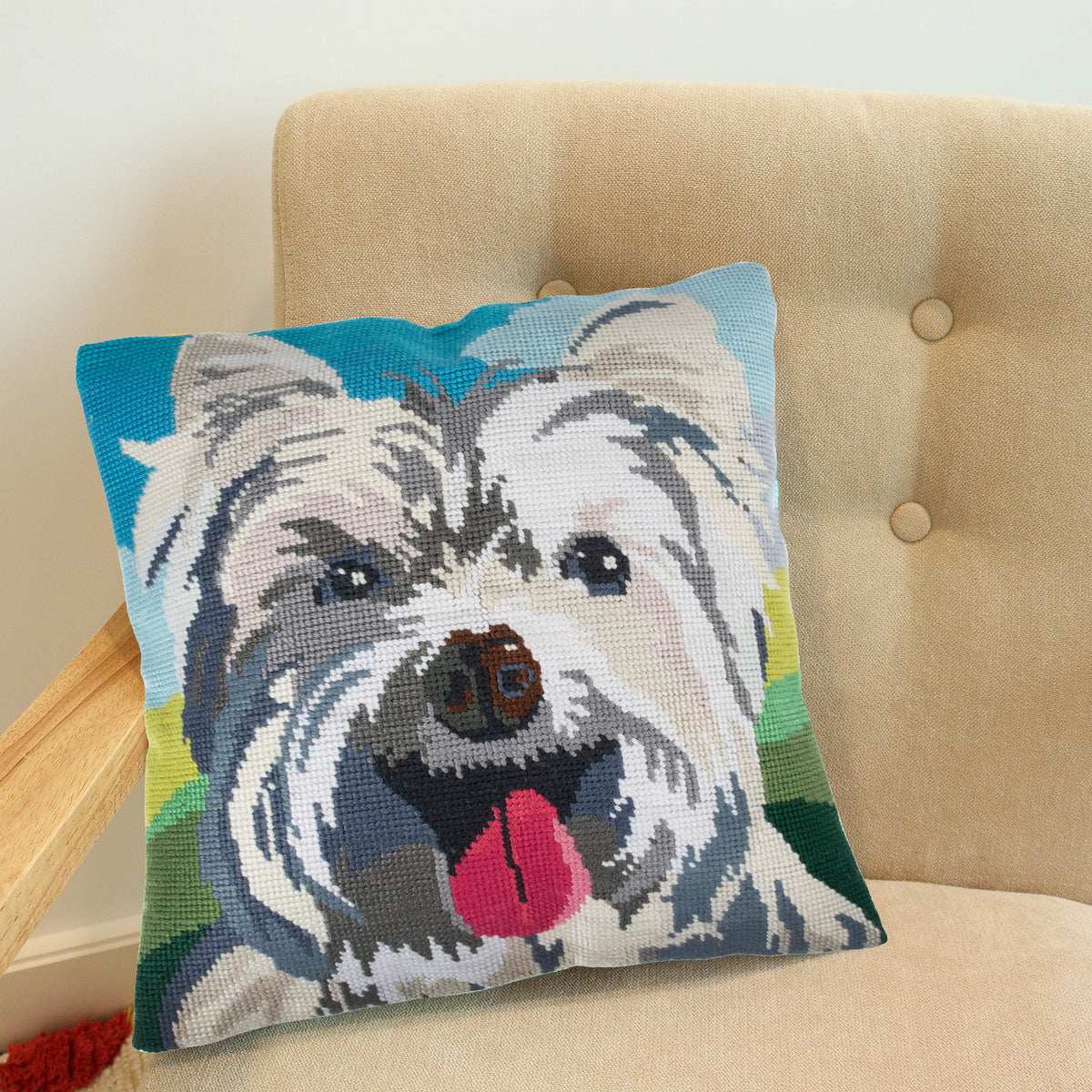 Finished westie half stitch tapestry cushion