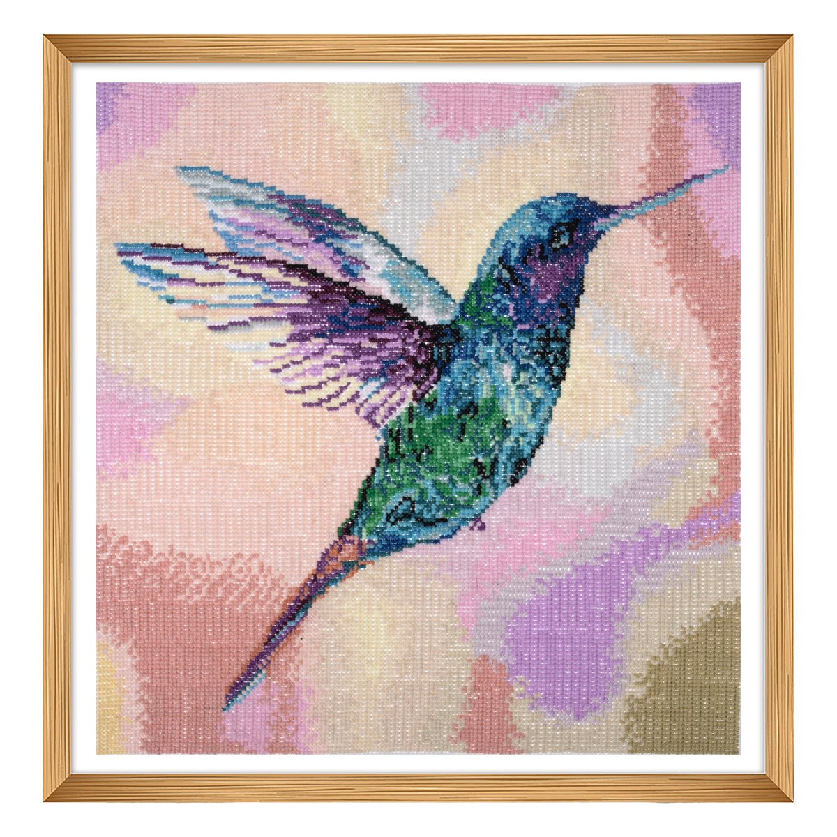 Finished hummingbird counted cross stitch design
