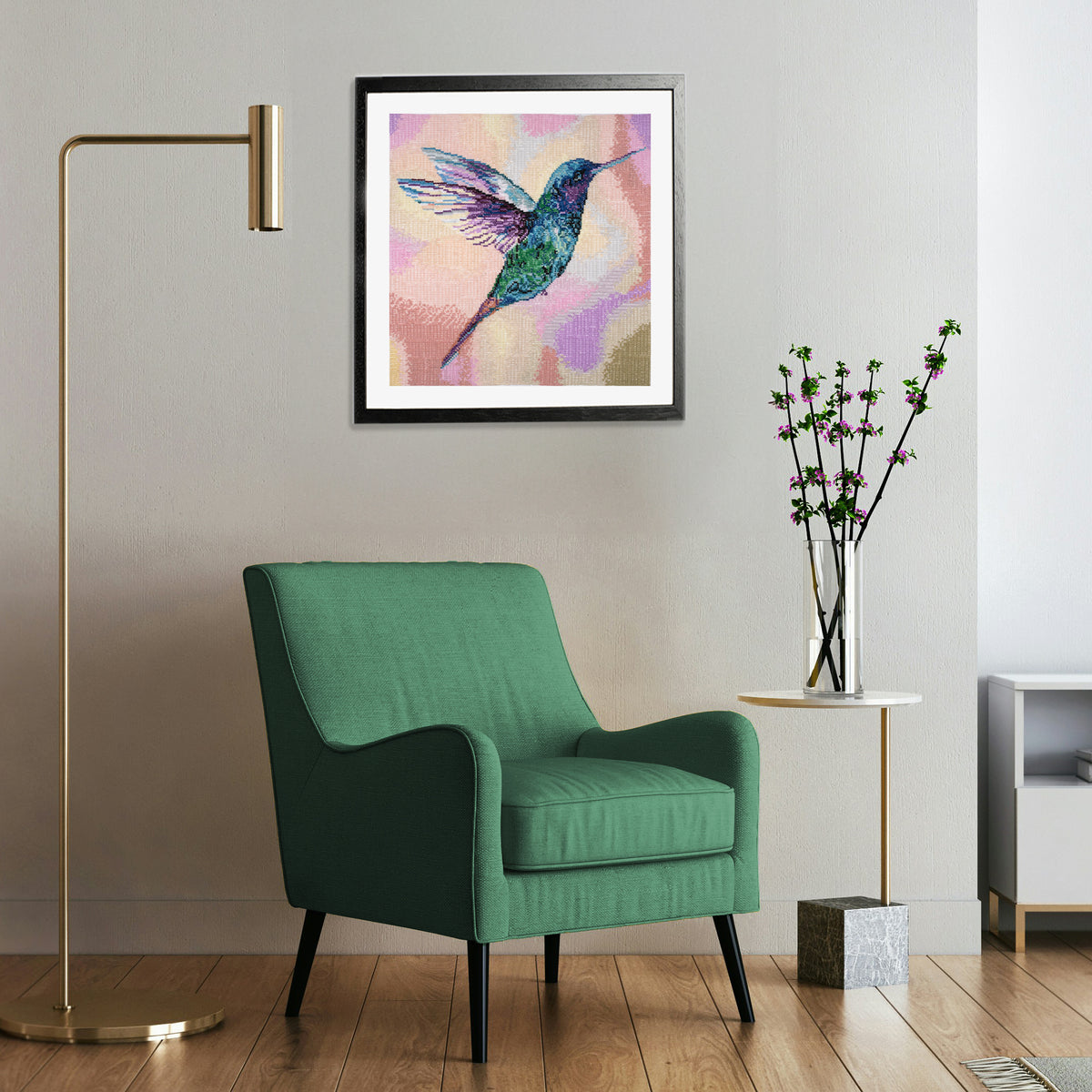 Finished hummingbird counted cross stitch design