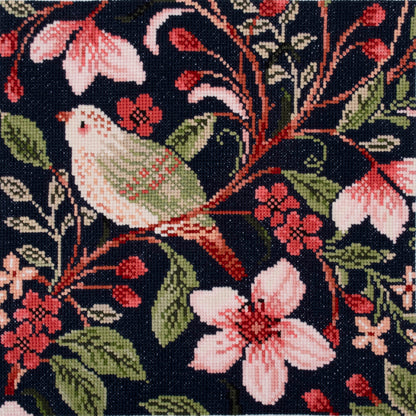 Finished bird blossom counted cross stitch design