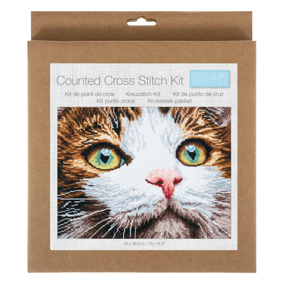 Trimits Whiskers cross stitch kit packaging showing the finished design