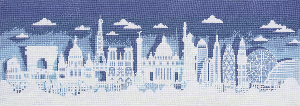 Trimits City Scape cross stitch kit packaging showing the finished design