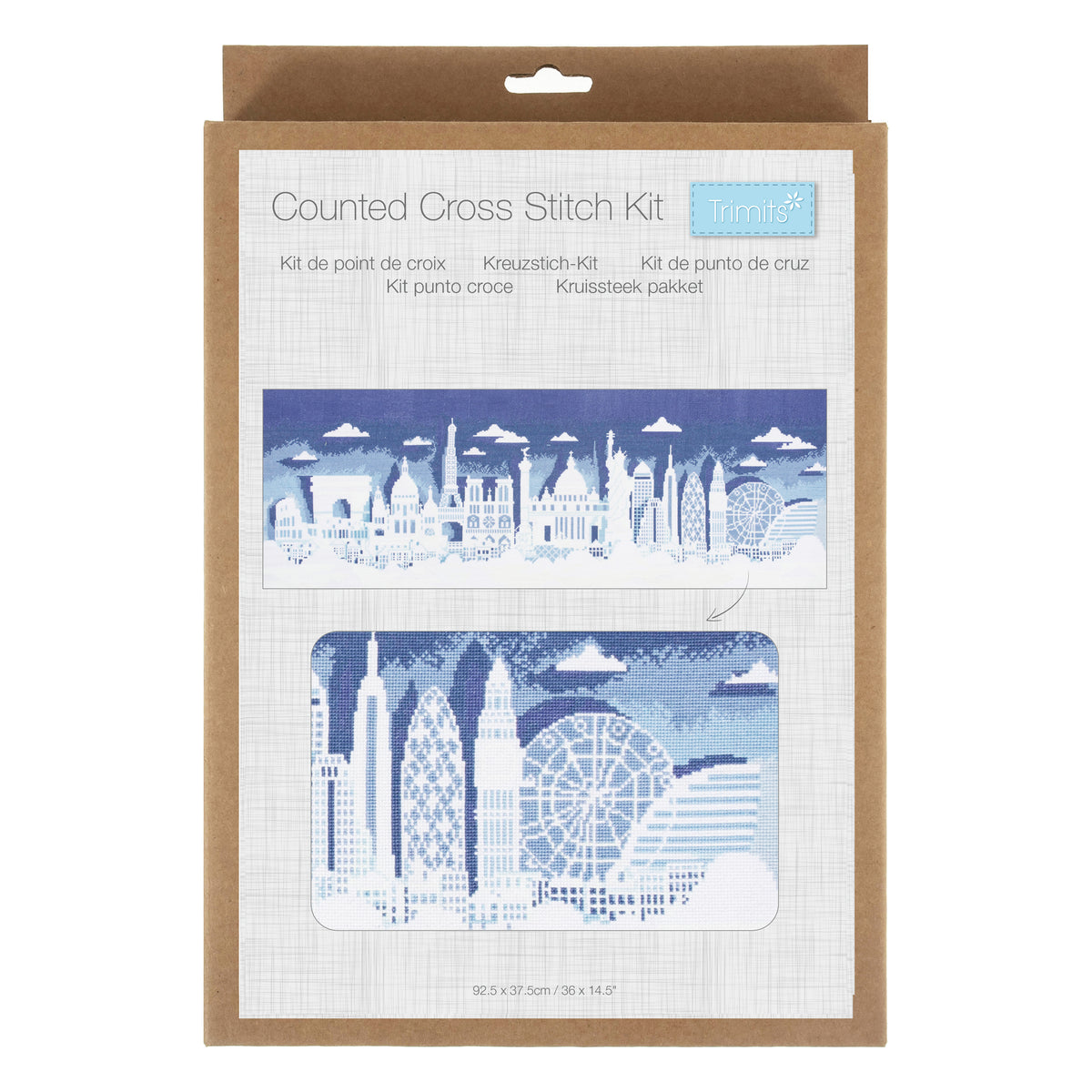 Trimits City Scape cross stitch kit packaging showing the finished design