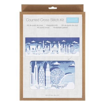 Trimits City Scape cross stitch kit packaging showing the finished design