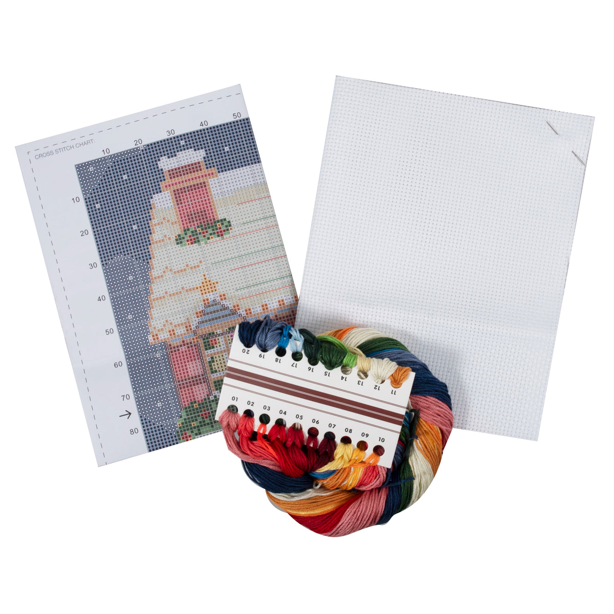 Trimits Festive House cross stitch kit packaging showing the finished design