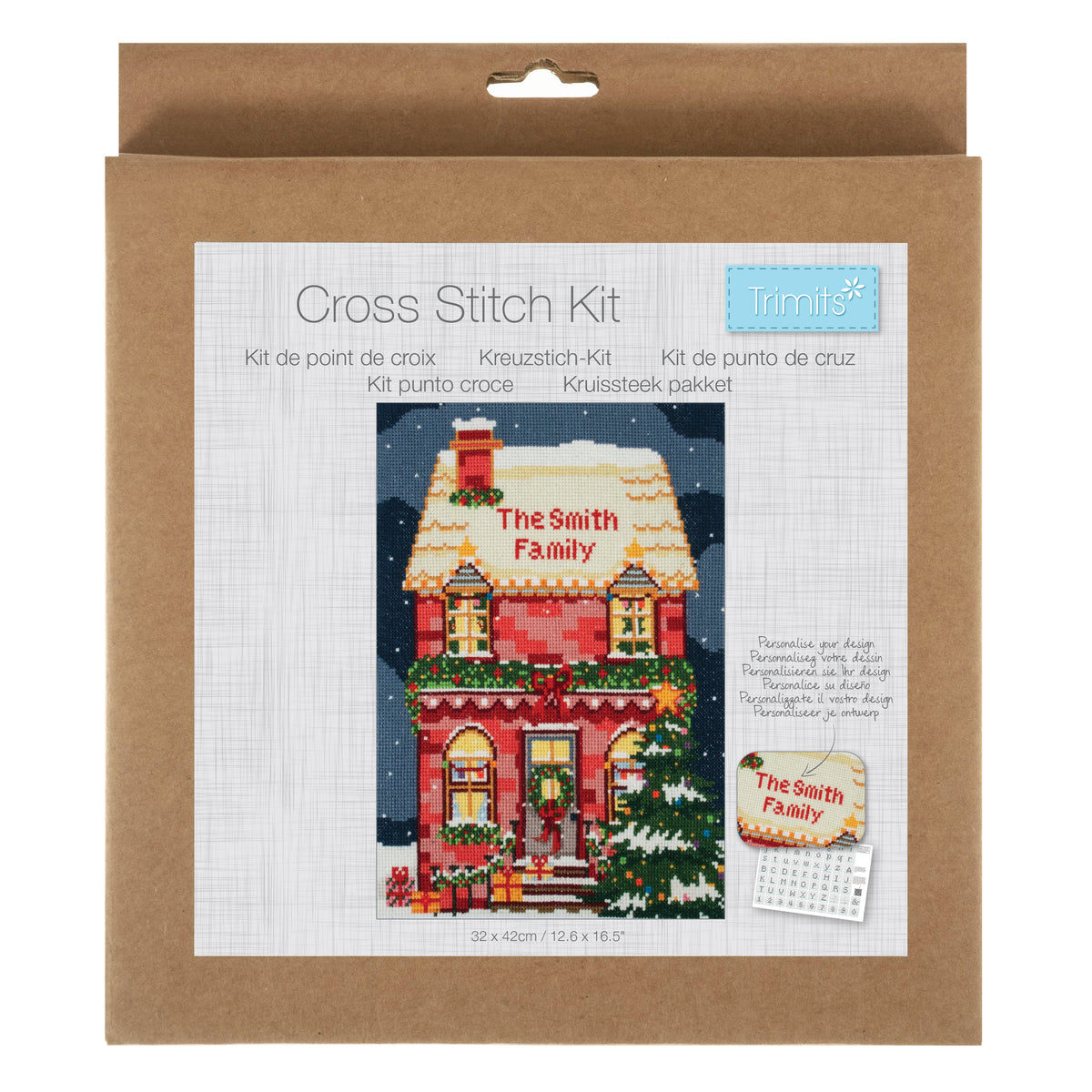 Trimits Festive House cross stitch kit packaging showing the finished design