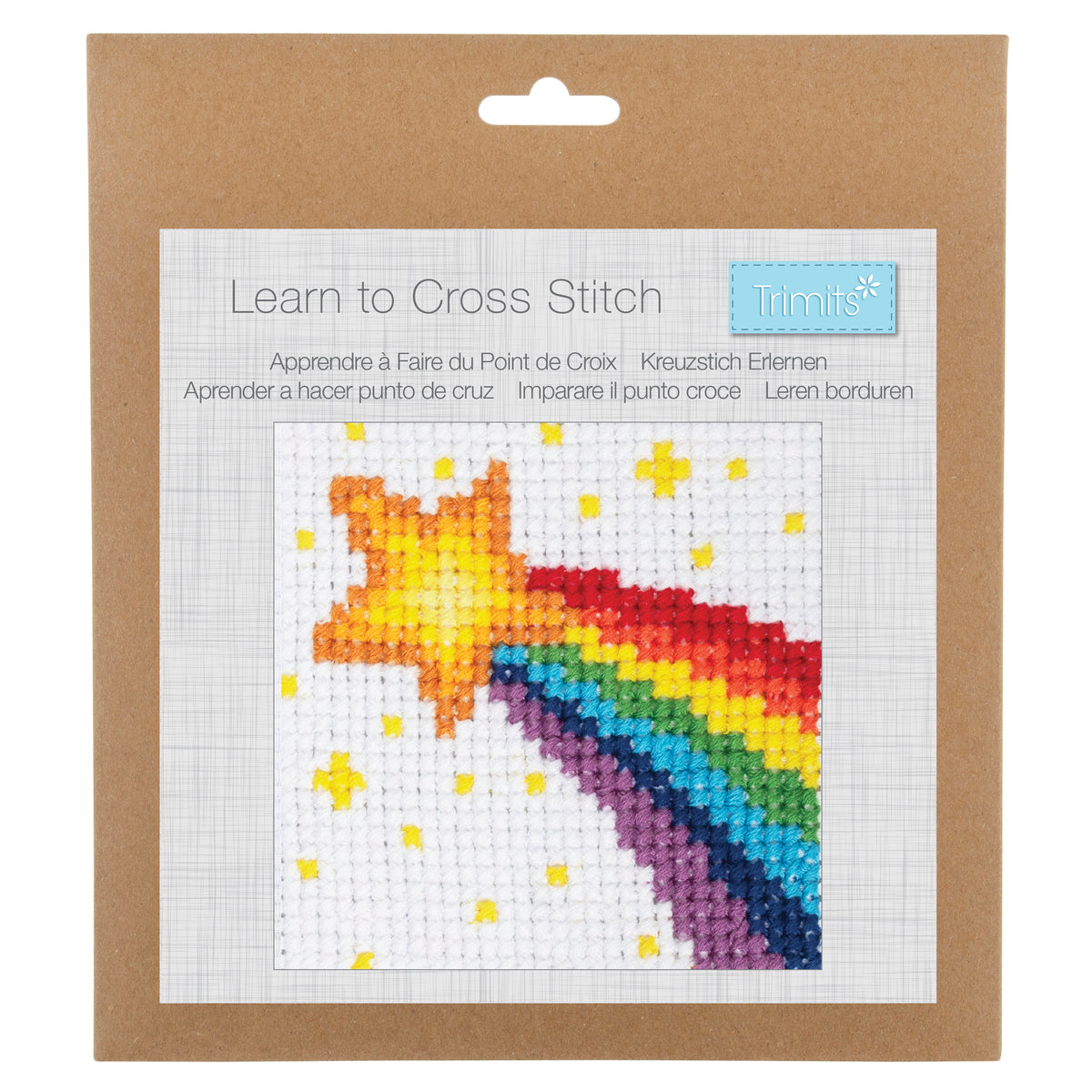 Trimits Rainbow cross stitch kit packaging showing the finished design