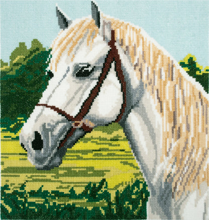 Trimits White Horse cross stitch kit packaging showing the finished design
