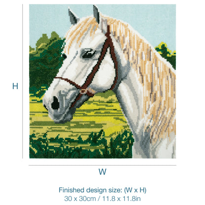 Trimits White Horse cross stitch kit packaging showing the finished design