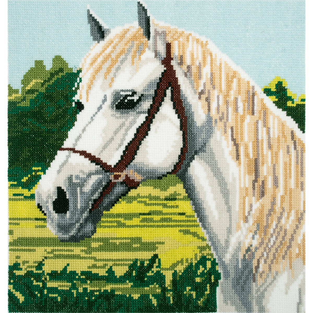 Trimits White Horse cross stitch kit packaging showing the finished design