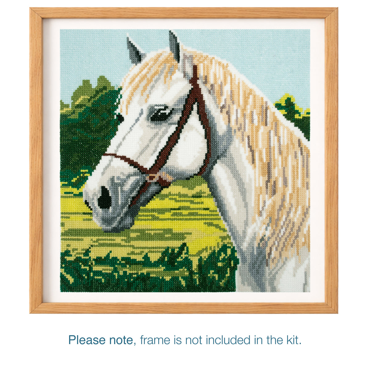 Trimits White Horse cross stitch kit packaging showing the finished design