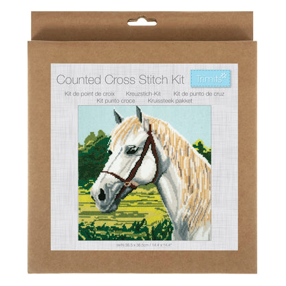 Trimits White Horse cross stitch kit packaging showing the finished design