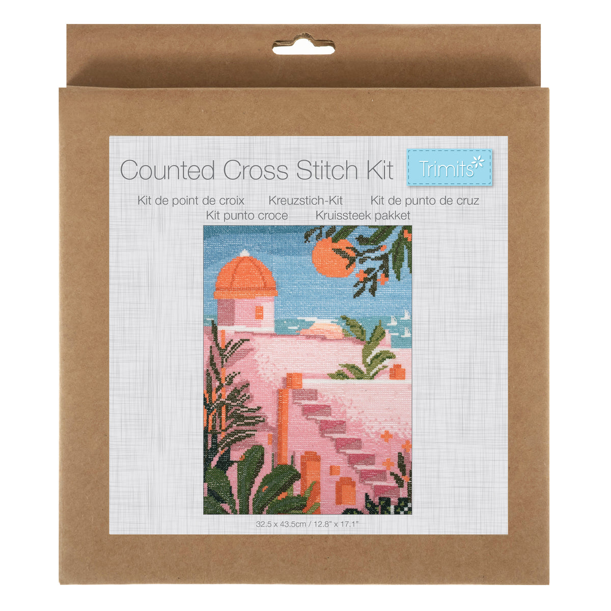 Trimits Holiday cross stitch kit packaging showing the finished design